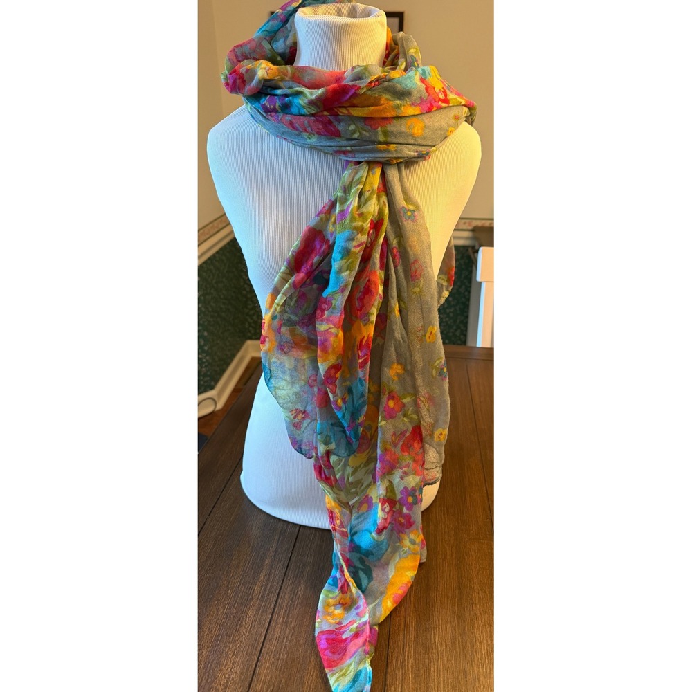 Gray Floral Scarf Multi-Color Lightweight Sheer Rectangular Wrap Accessory